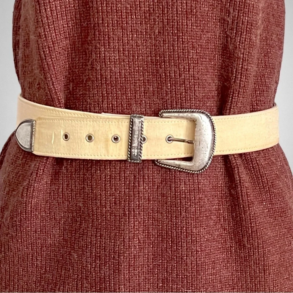 Vintage Western Canvas Belt SZ L Cream Silver - Picture 2 of 9